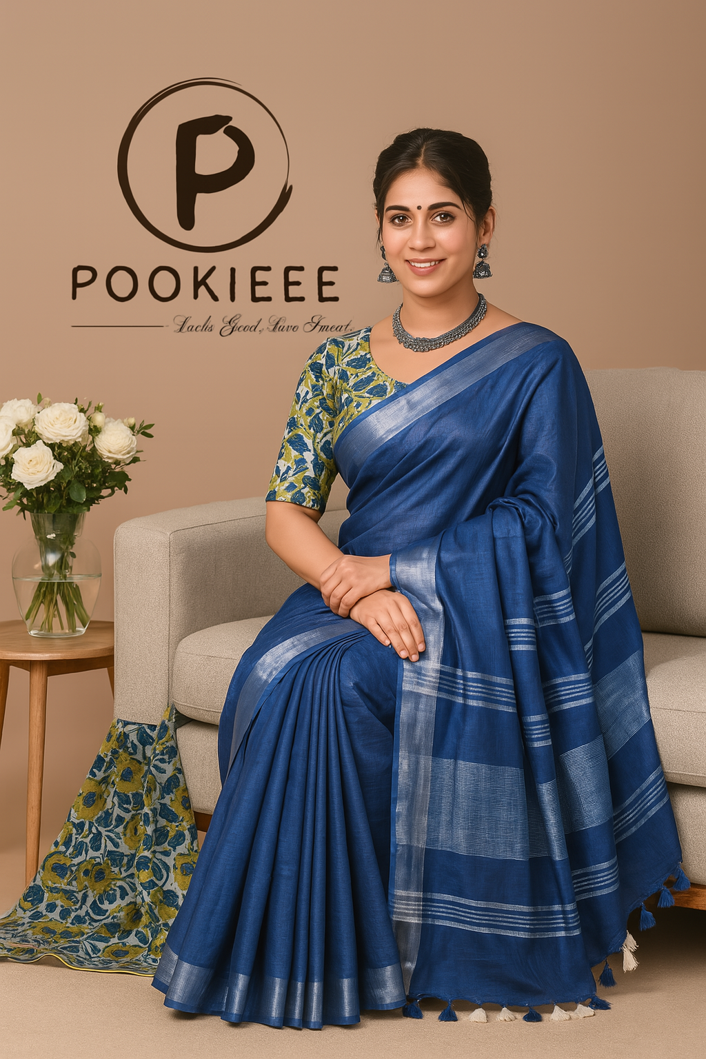 Plain Cotton Linen Saree with Blouse Piece